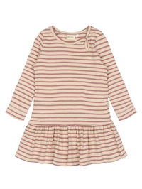 Petit Piao kjole i rosa og off-white striber med flæsekant set forfra